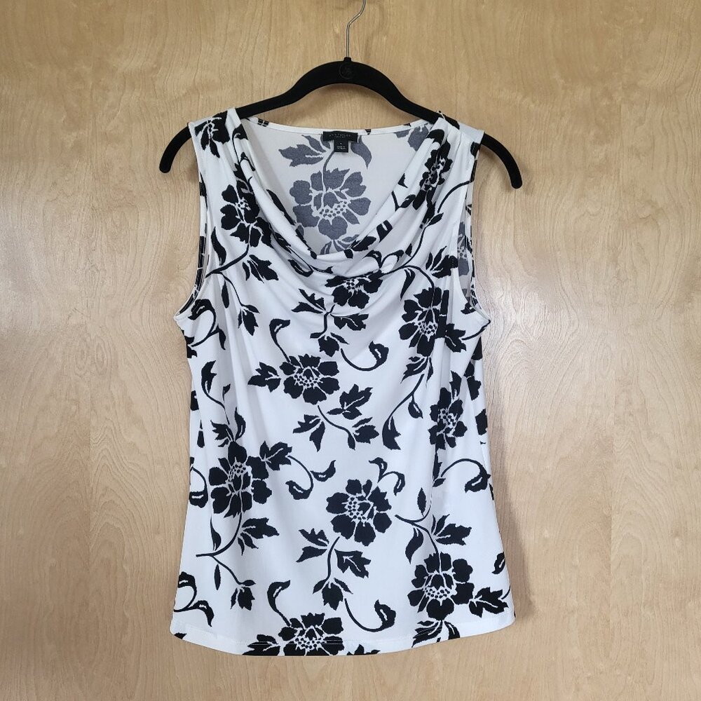 Ann Taylor Sleeveless Cowl Neck Top Black & White Floral Print Size M